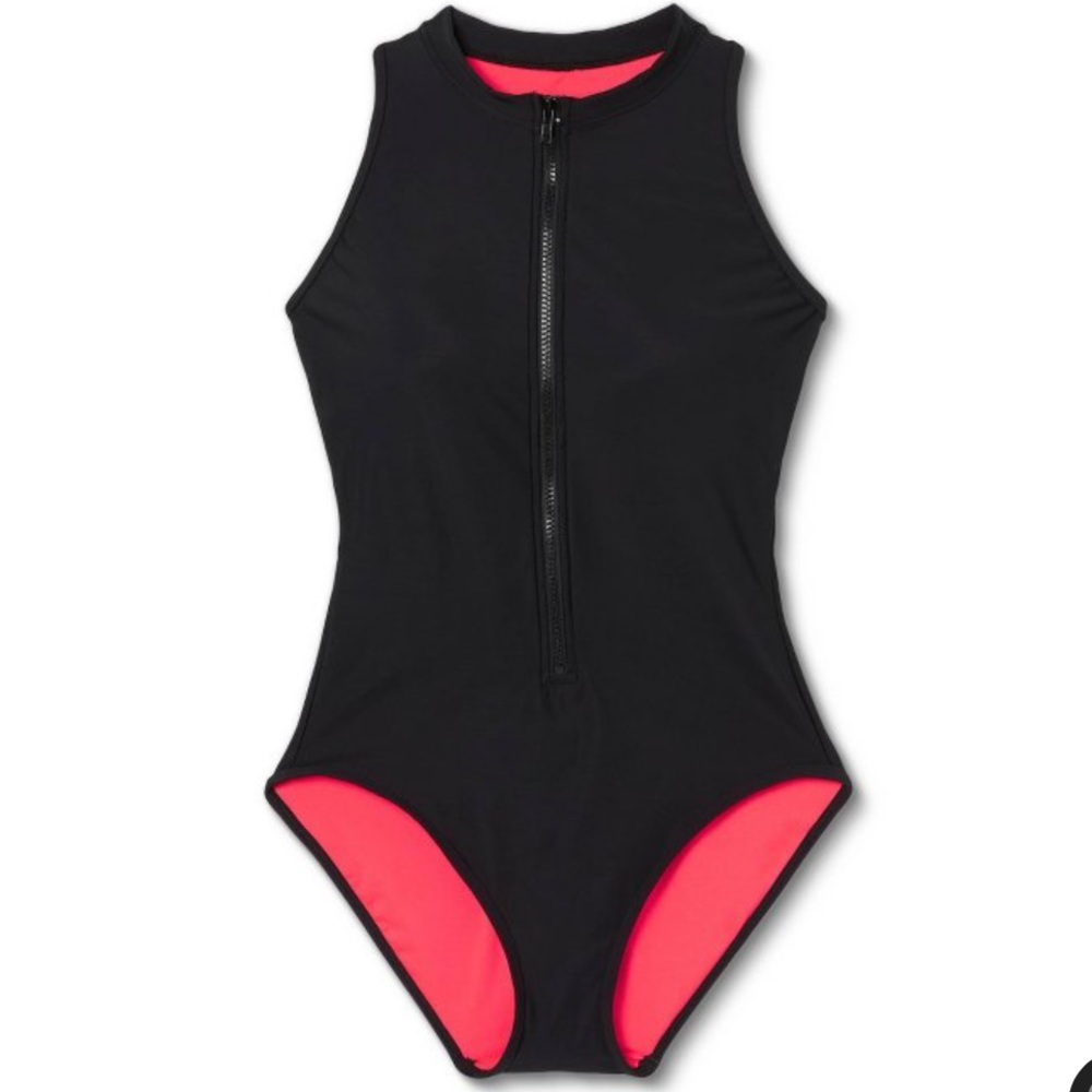 Women’s Aqua Green High Neck Zip-Up One Piece Racerback Swimsuit Black Sz XLarge